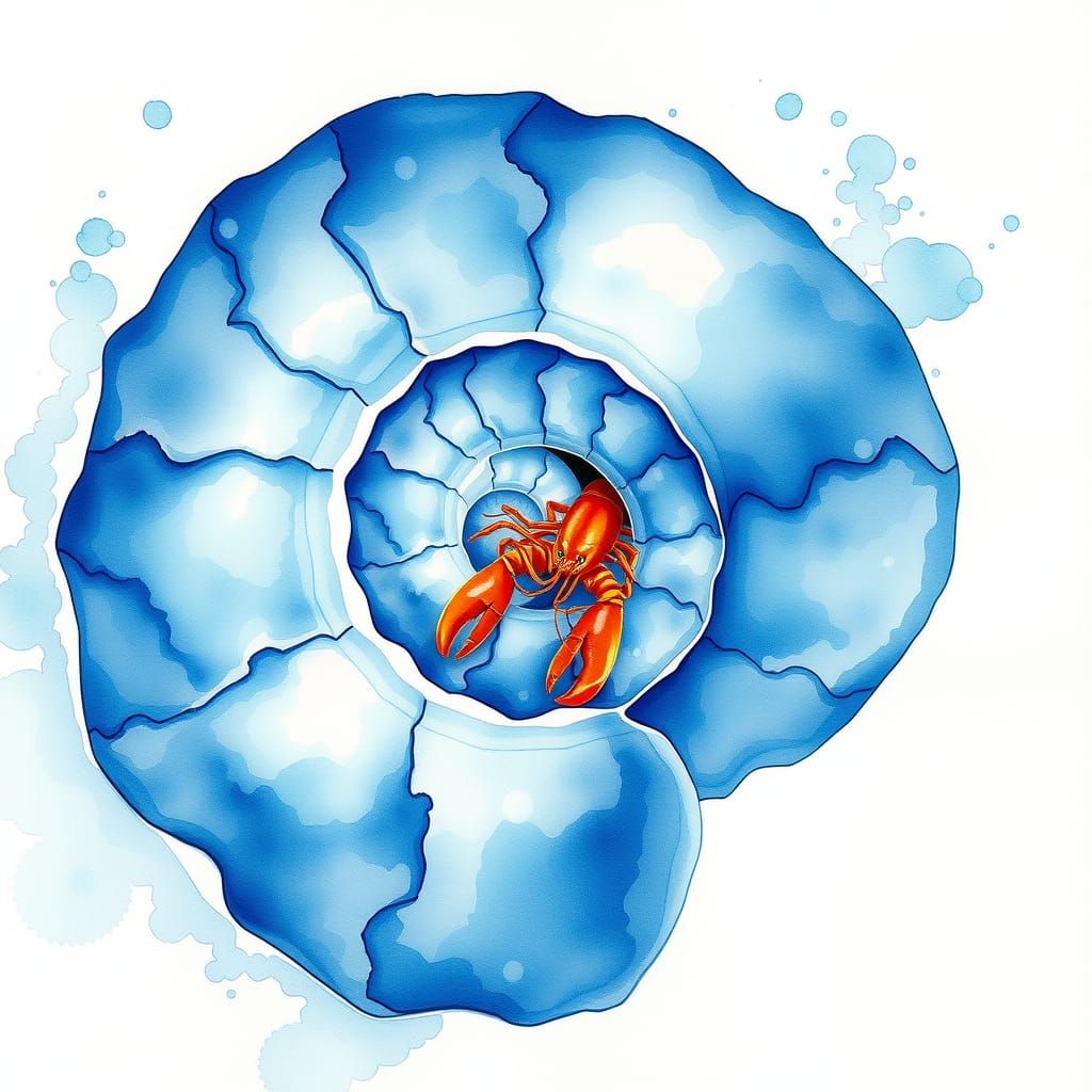 A blue nautilus with a red lobster hiding inside...