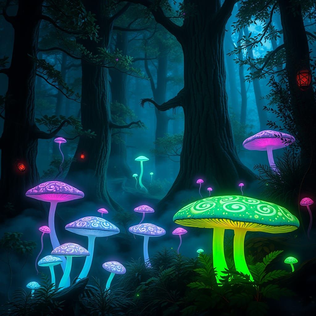 Enchanted Forest: Fluorescent Mushrooms in Ethereal Light