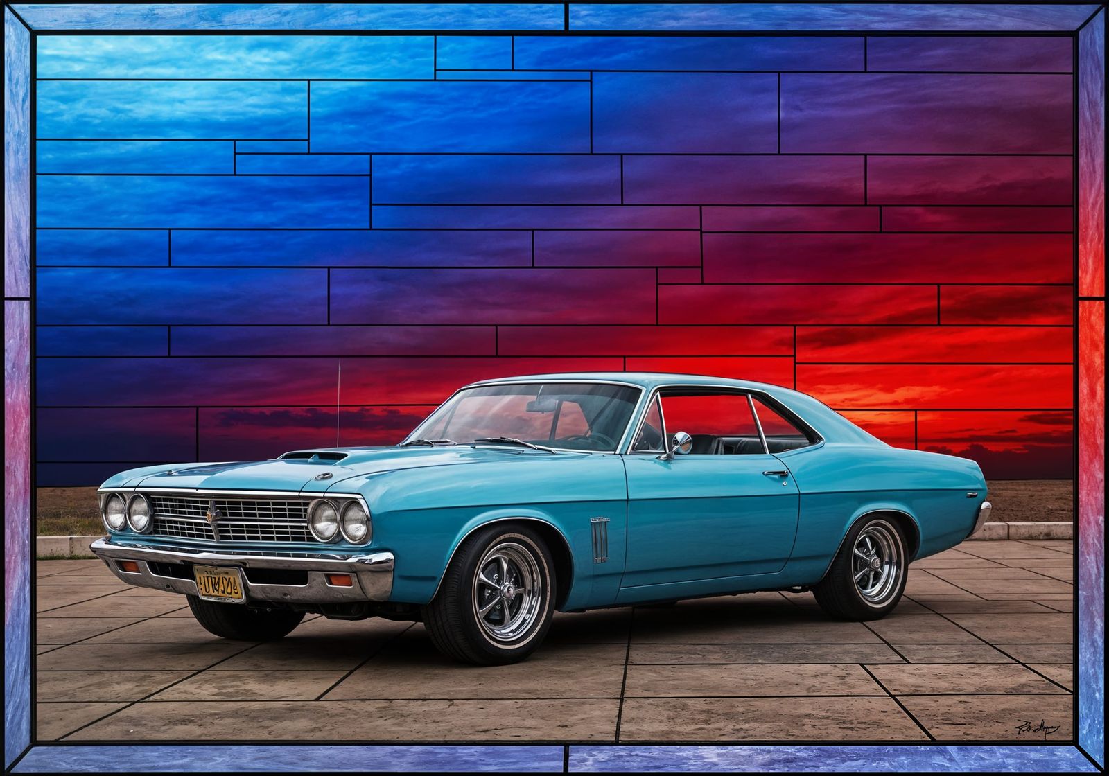 Retro Muscle Car in Cuban Sunset Stained Glass