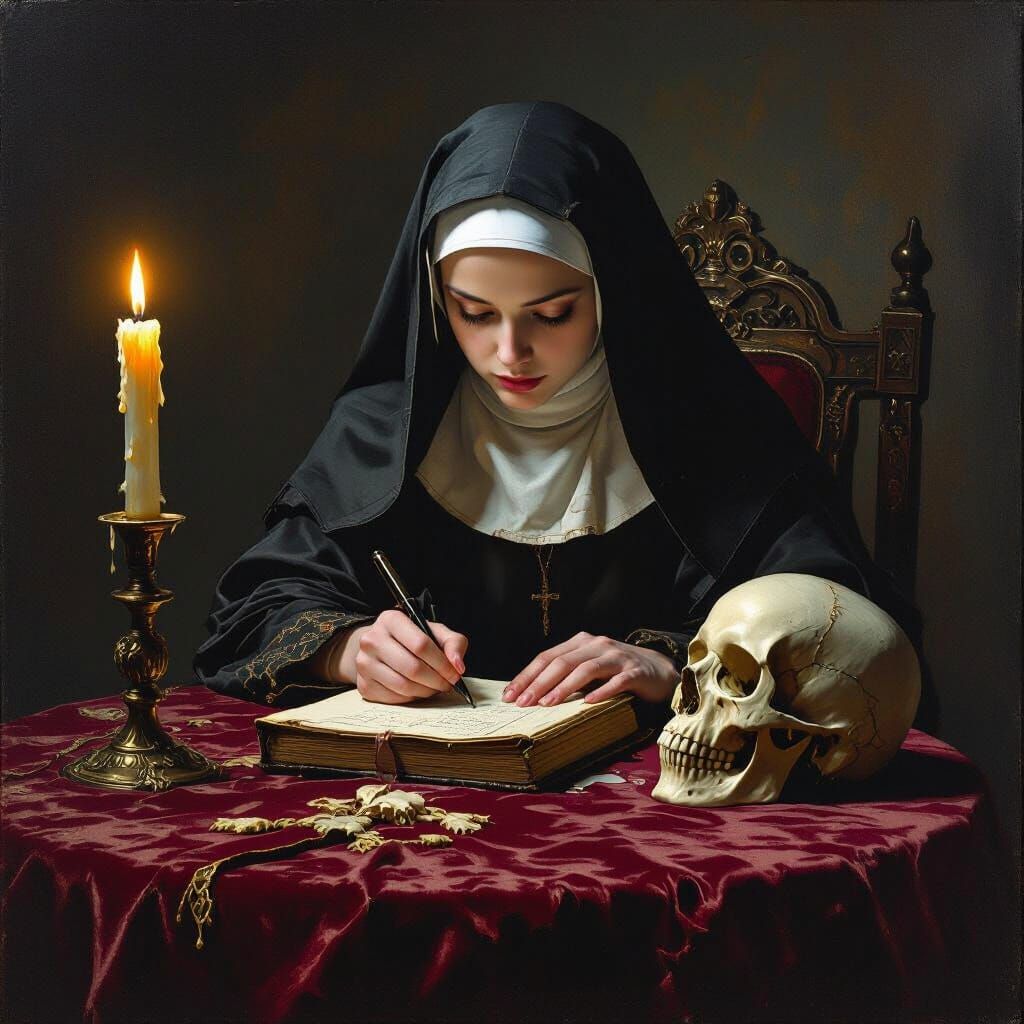 Nun Writing by Candlelight in Dark, Mystical Realism