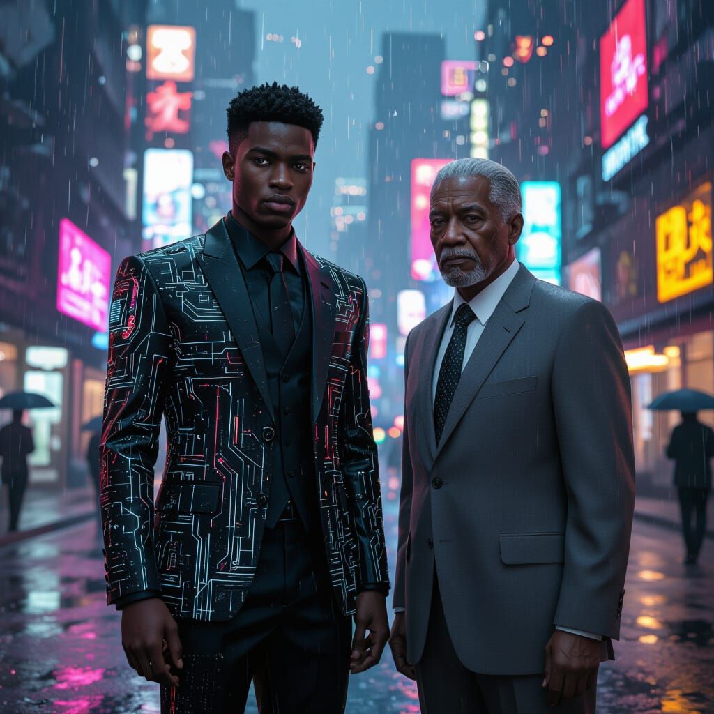 Cyberpunk Father and Son in Neon City