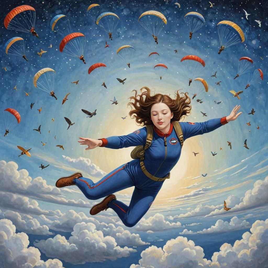 Girl Skydiving Through Galaxy: Dreamy Illustration