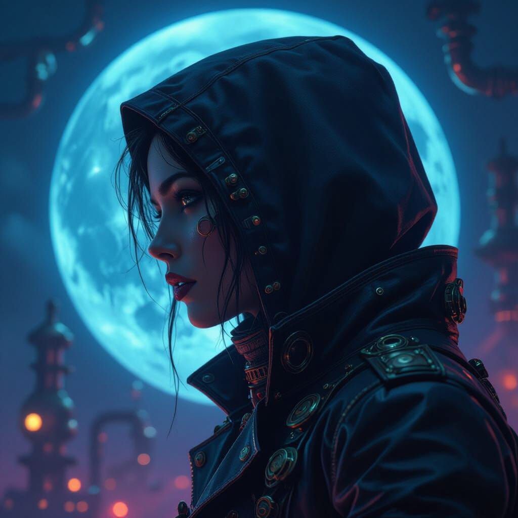 Steampunk Figure on Dark Side of Blue Moon
