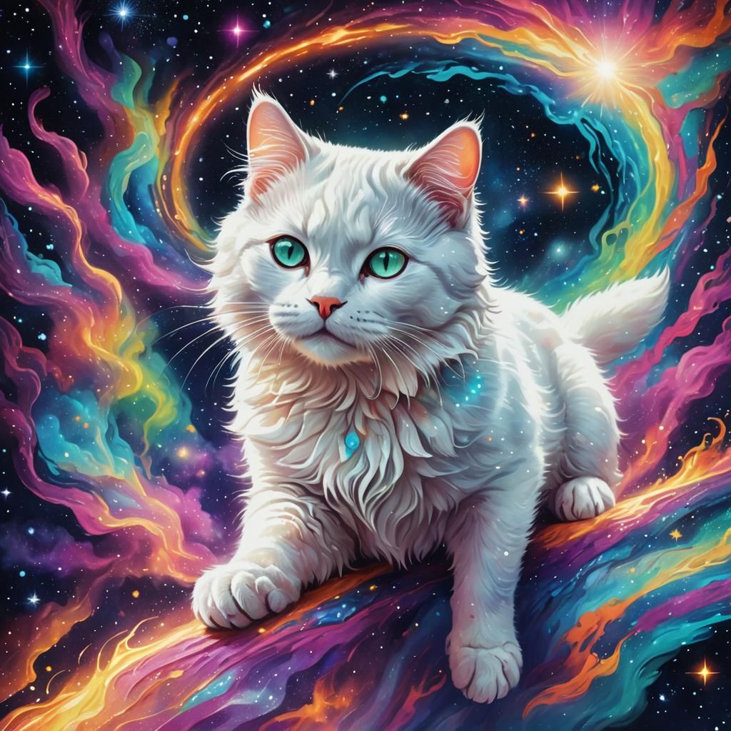 Cosmic Cat Swimming Through Starry Galaxy