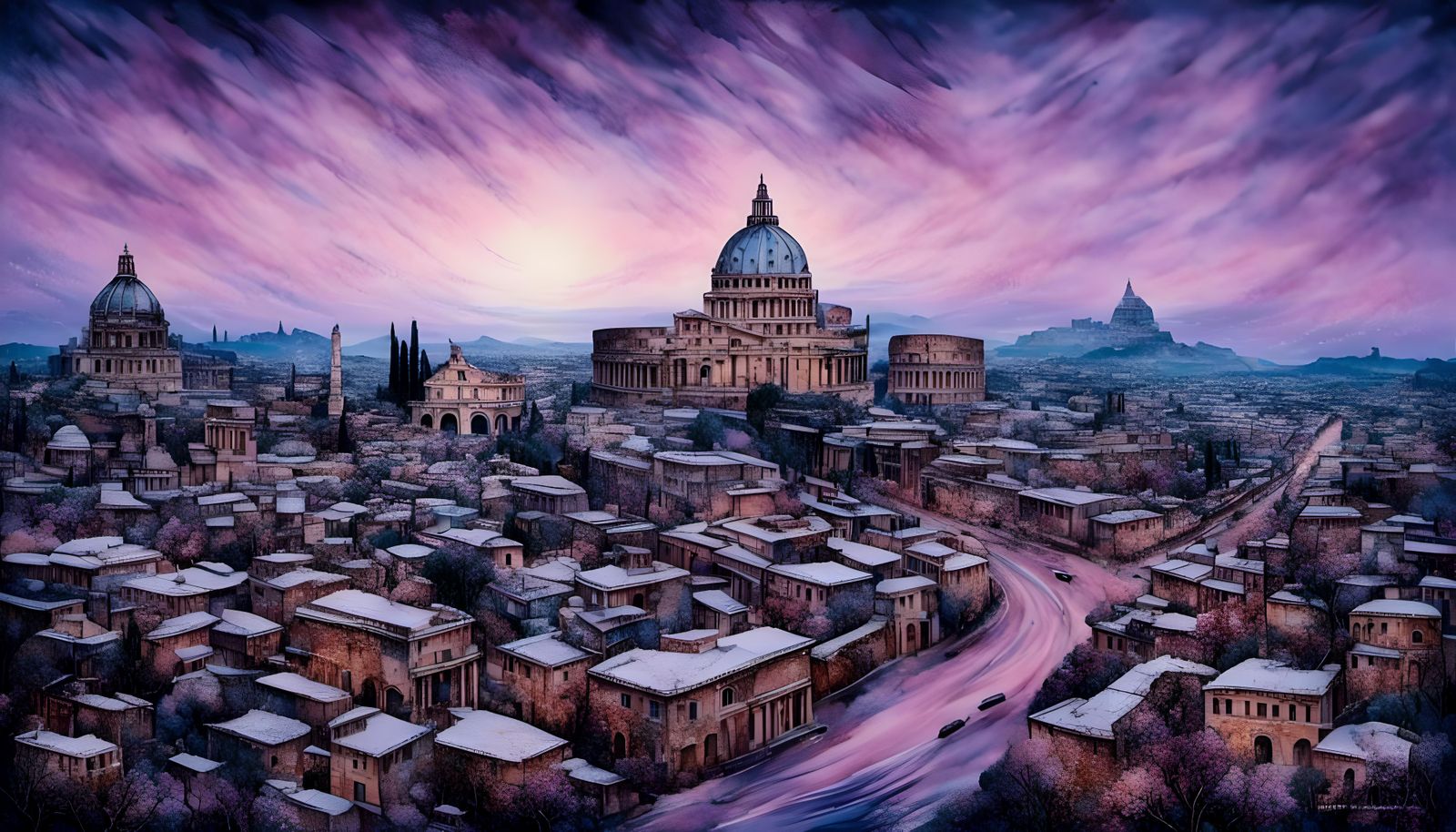 Modern Rome Snowscape in Pointillist Pixel Art