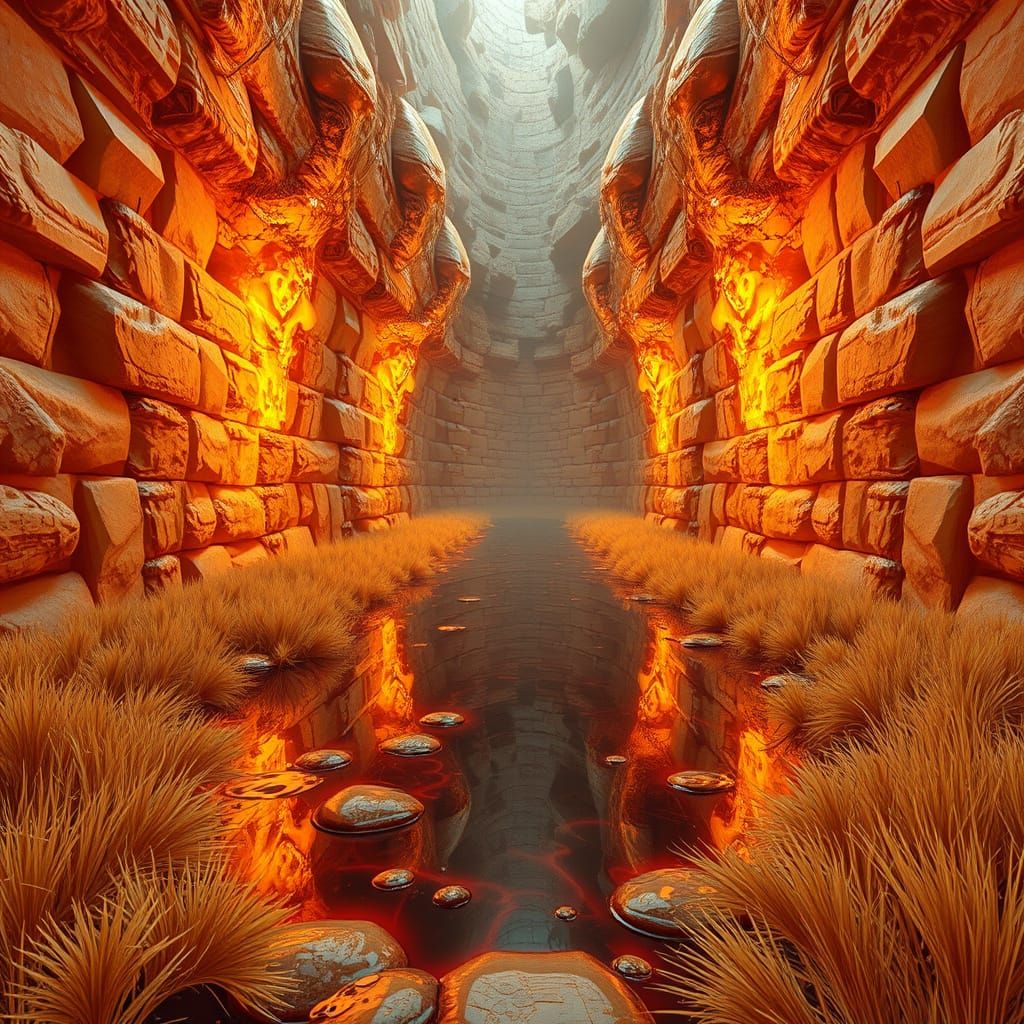 Glowing Honey Cobblestone Walls in Futuristic Fractal Art