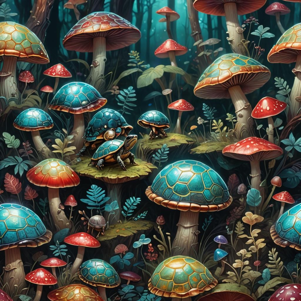 Turtle Beetles on Toadstool in Mystical Forest