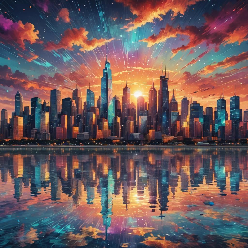 Cosmic City Skyline at Sunset in Mixed Media