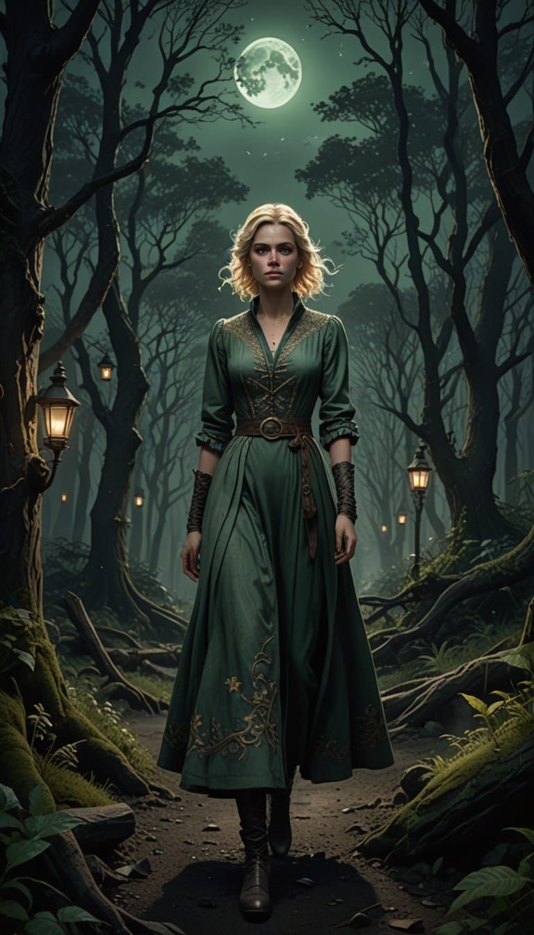 Ethereal Woman in Gray-Green Amidst 18th Century Forest