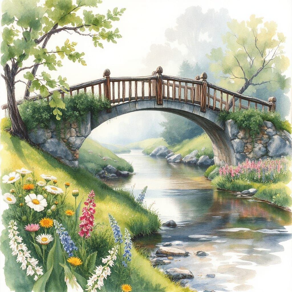 Watercolor Bridge Scene with Whimsical Wildflowers