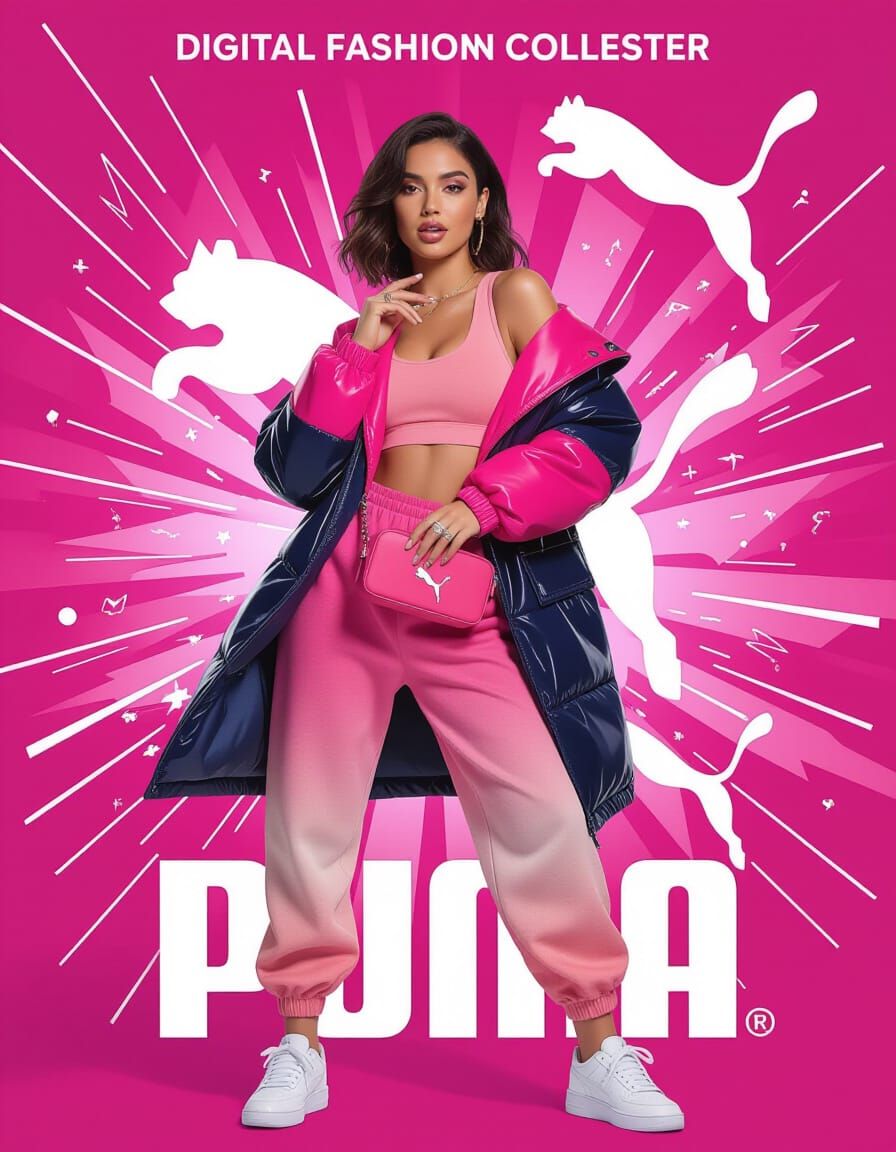 Digital Fashion Poster: Woman in Pink Jacket and Joggers