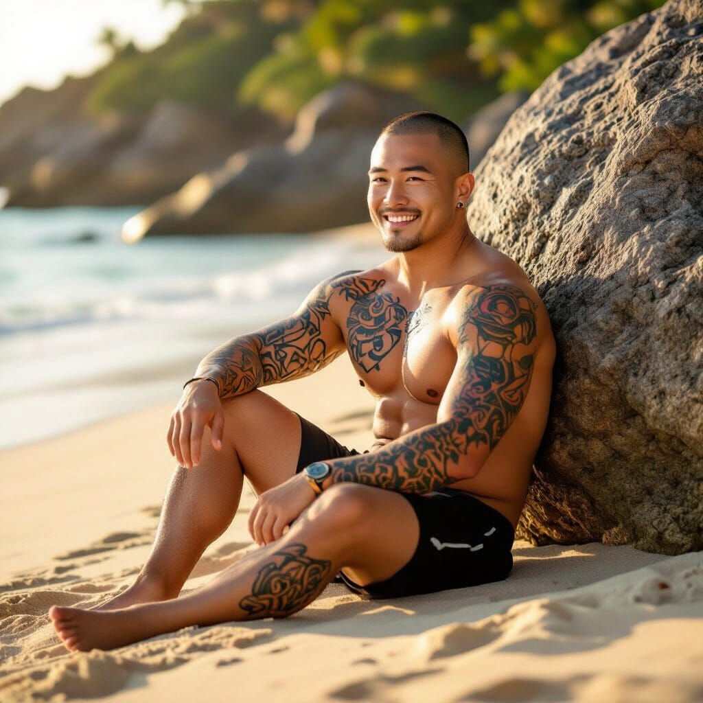 Young Asian Man with Tattoos on Tropical Beach