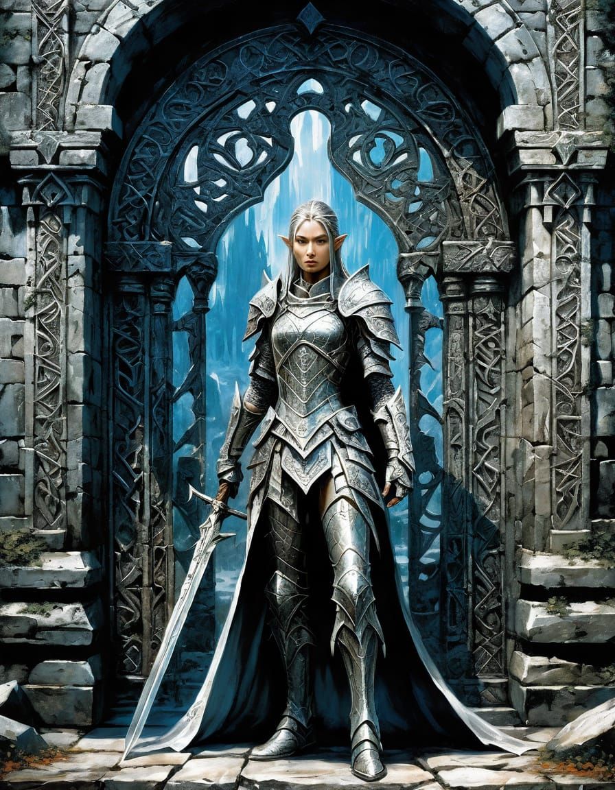 Elven Warrior Guarding Ancient Runestone Gate