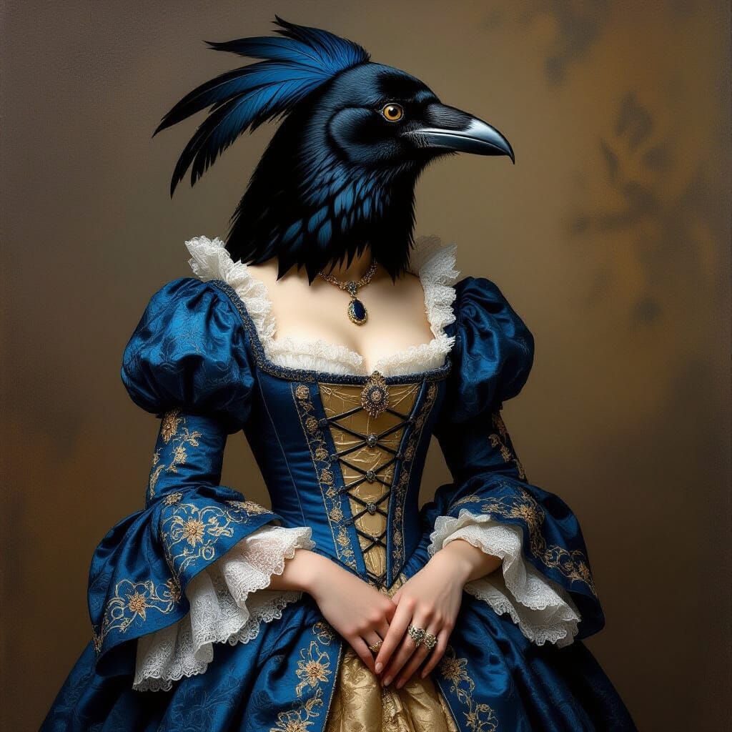 Raven-Headed Woman in Renaissance Gown, Baroque Style