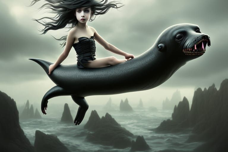 Girl toddler riding giant seal