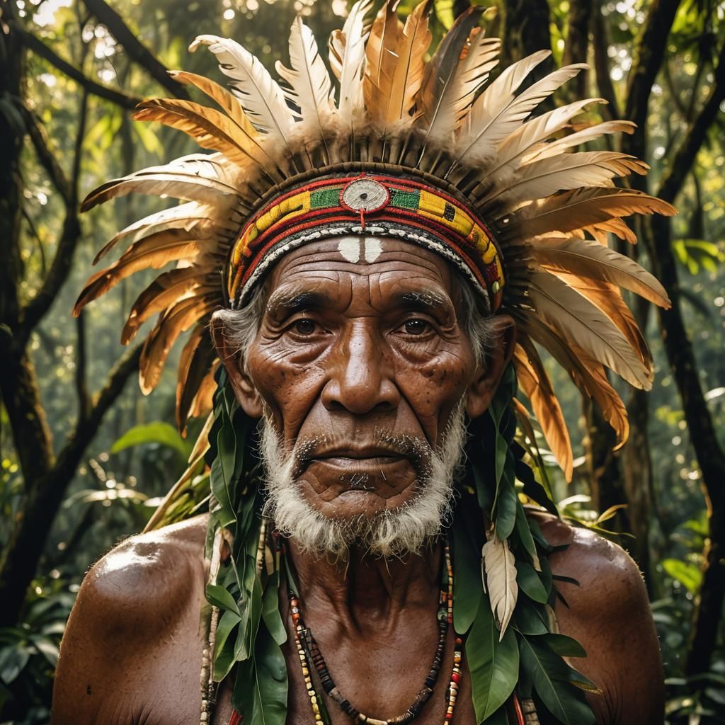 Indigenous Elder Portrait in Amazon Rainforest
