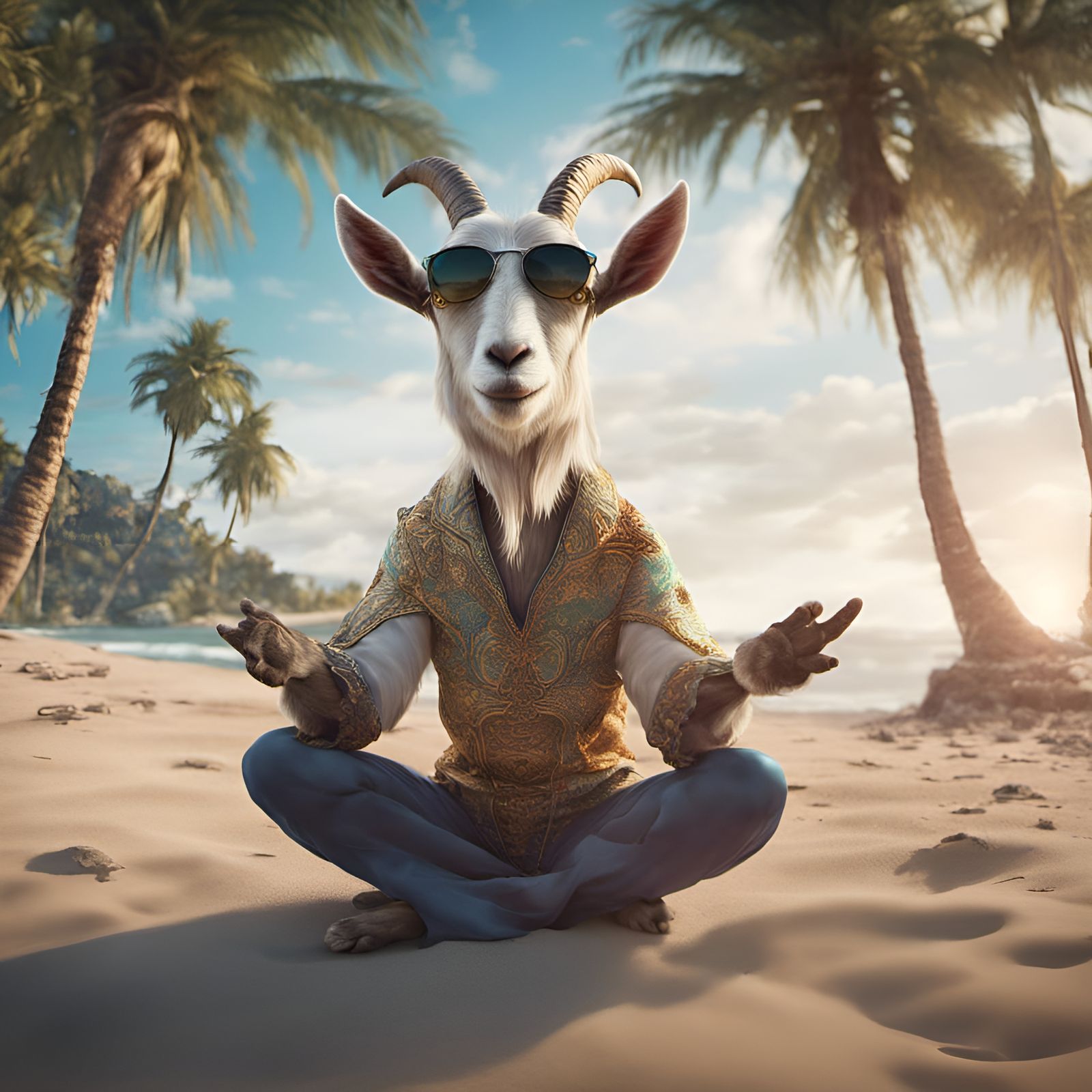 Goat Does Yoga on Beach: Fantasy Matte Painting