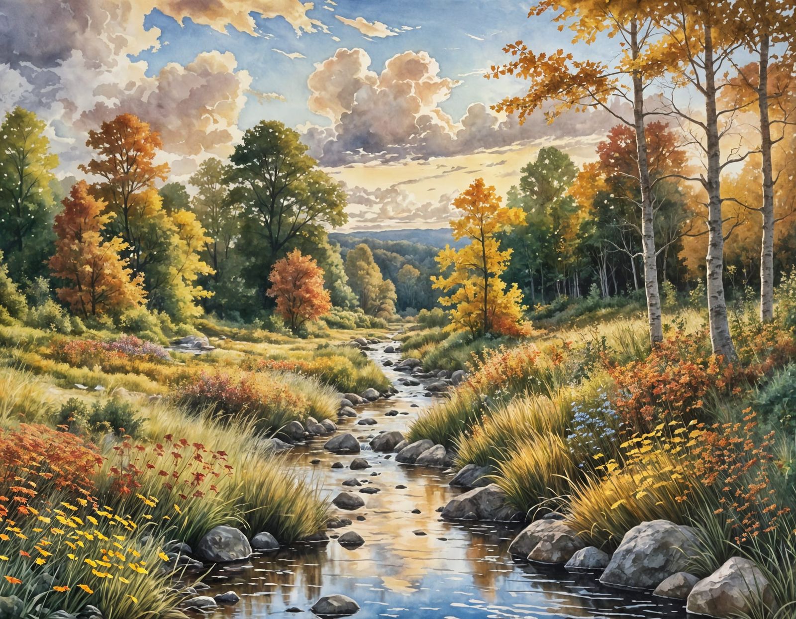 Watercolor Forest with Wildflowers in Golden Light