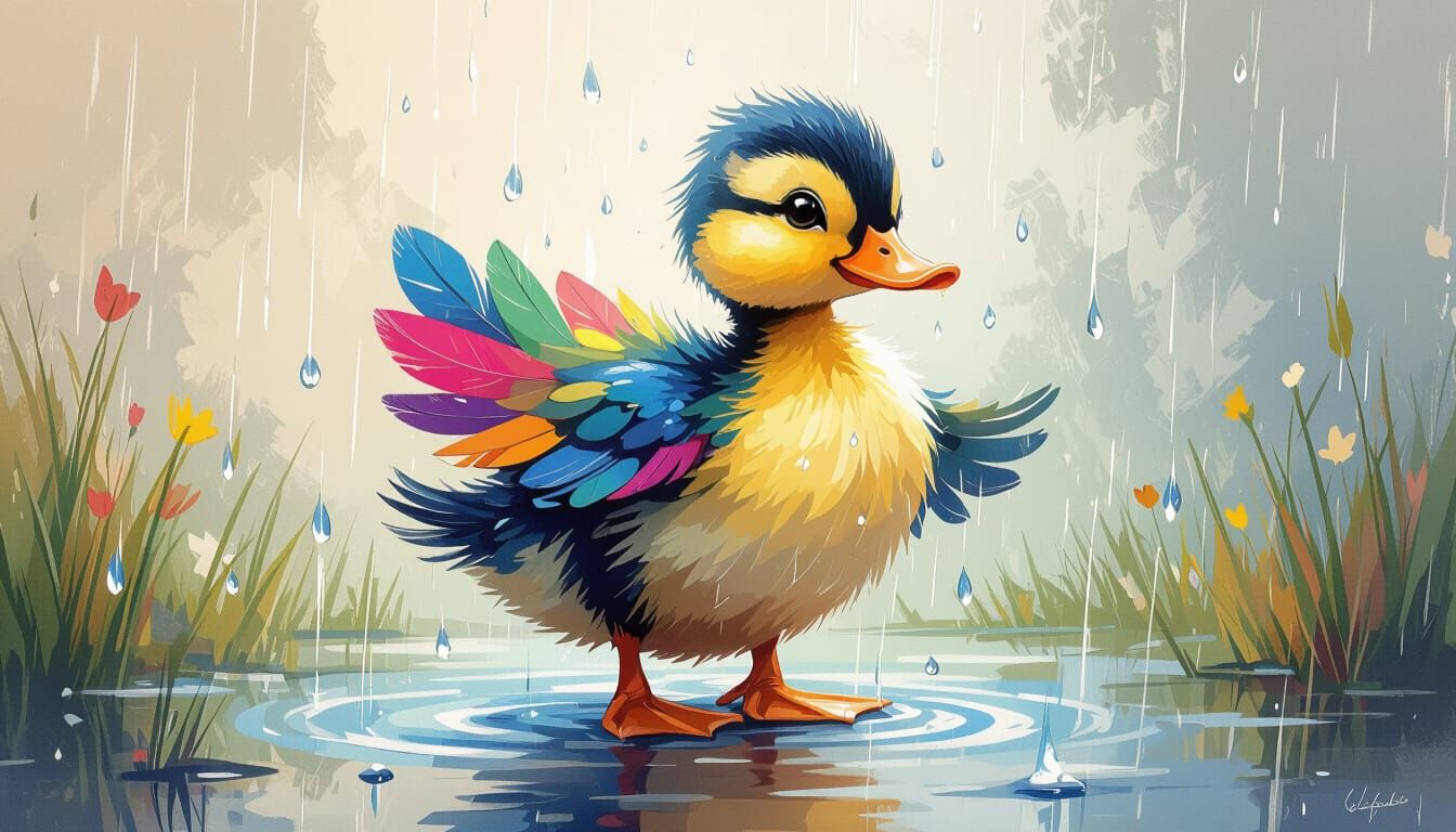 Whimsical Duckling Dancing in Rain, in Fantasy Style