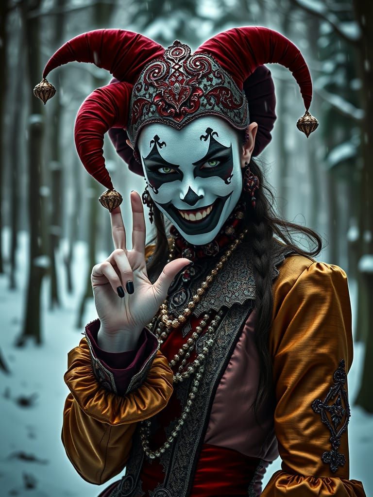 Harlequin Woman in Victorian Attire, Winter Forest Backdrop