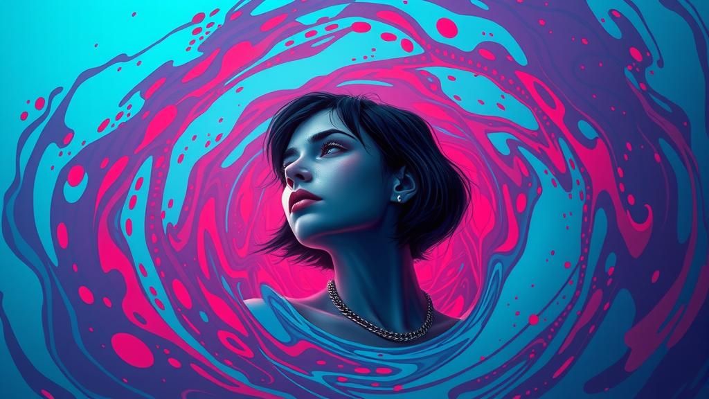 Dreamlike Woman in Crimson and Blue: A Visionary Scene