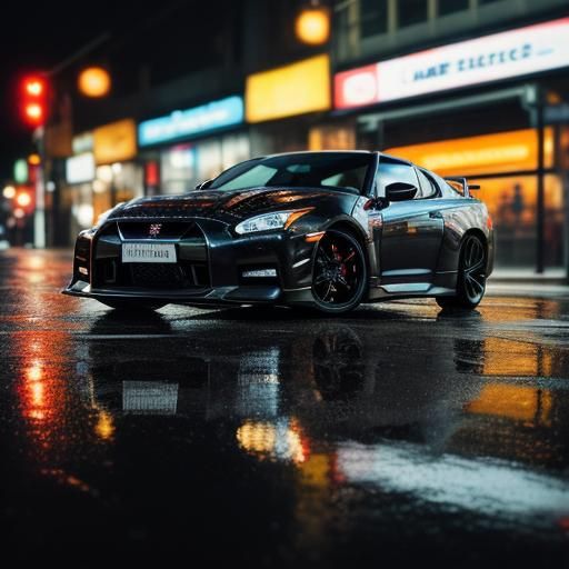 Nissan Skyline on Wet Street: Automotive Photography