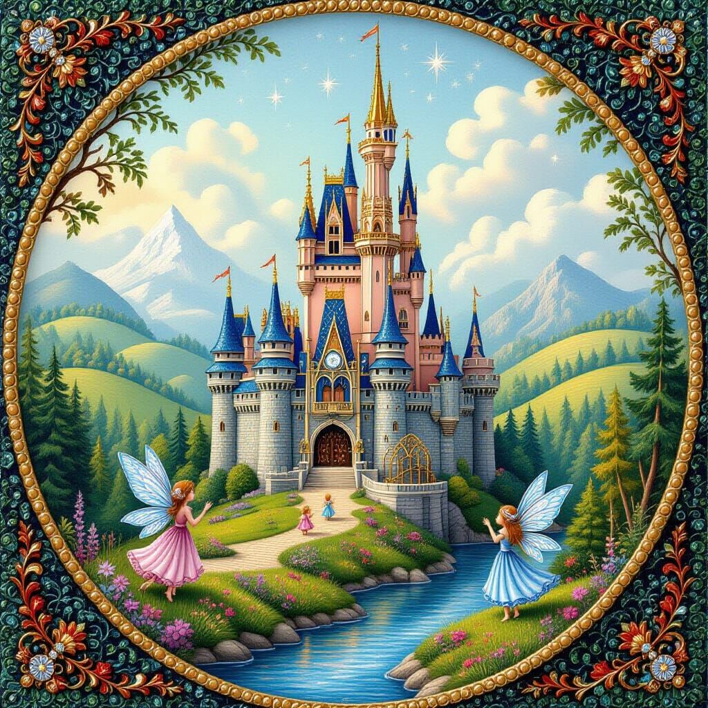 Whimsical Fairy Tale Castle with Shimmering Fairies