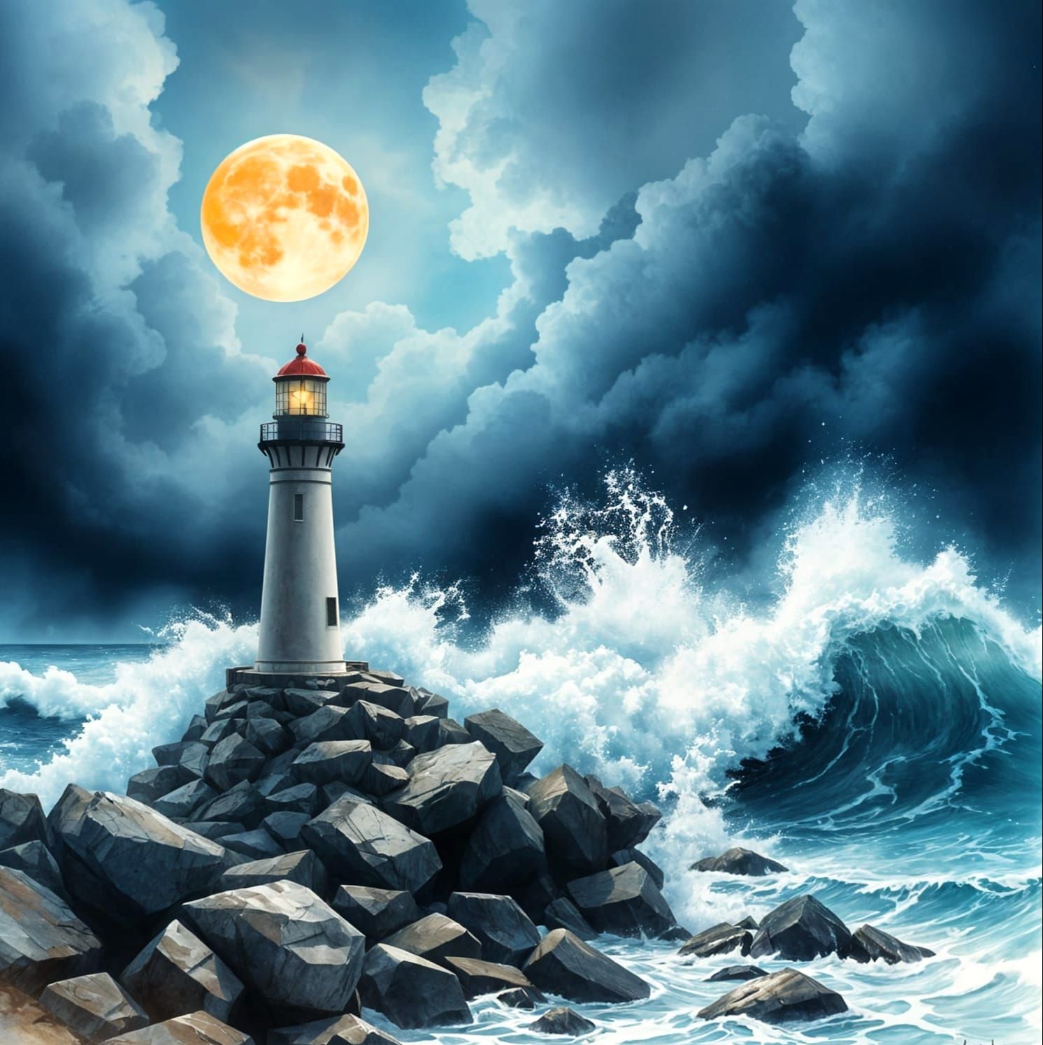 Lighthouse Illuminated Amidst Stormy Night