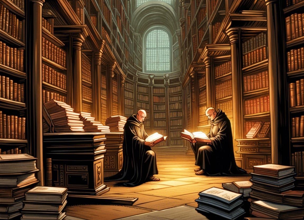 Benedictine Monks Reading in Antique Library