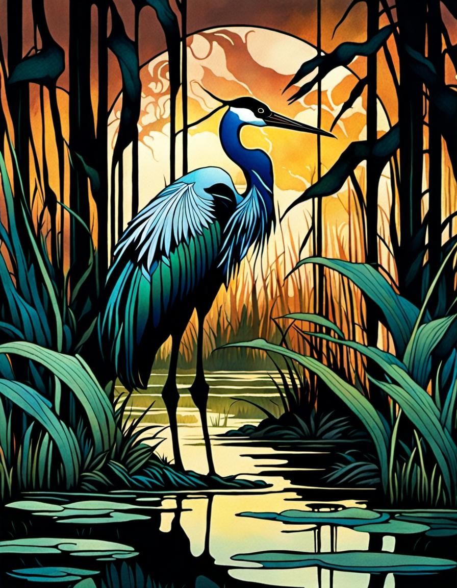Crane in Reeds: Art Nouveau Ink and Watercolor