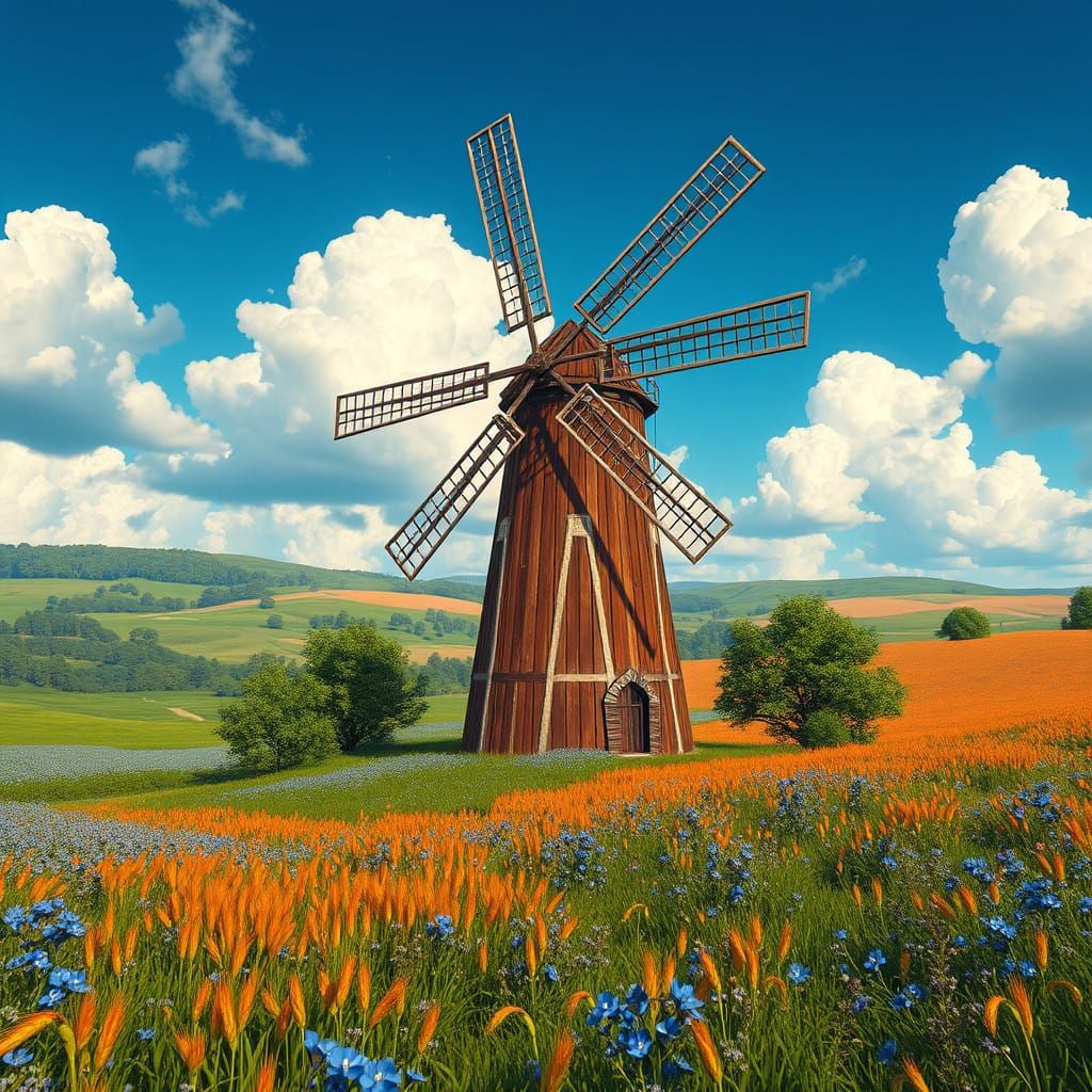 Majestic Windmill in a Vibrant Countryside Landscape