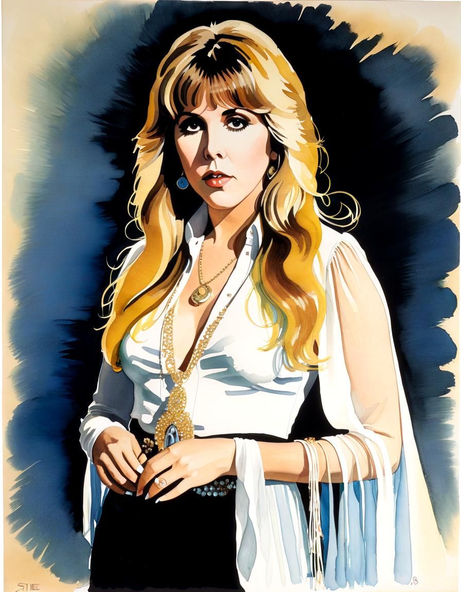 Stevie Nicks Gouache Portrait in 1970s Style