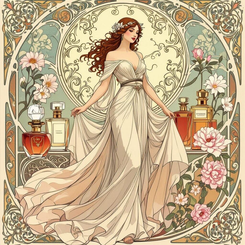 Elegant Woman in Art Nouveau Style Surrounded by Perfume