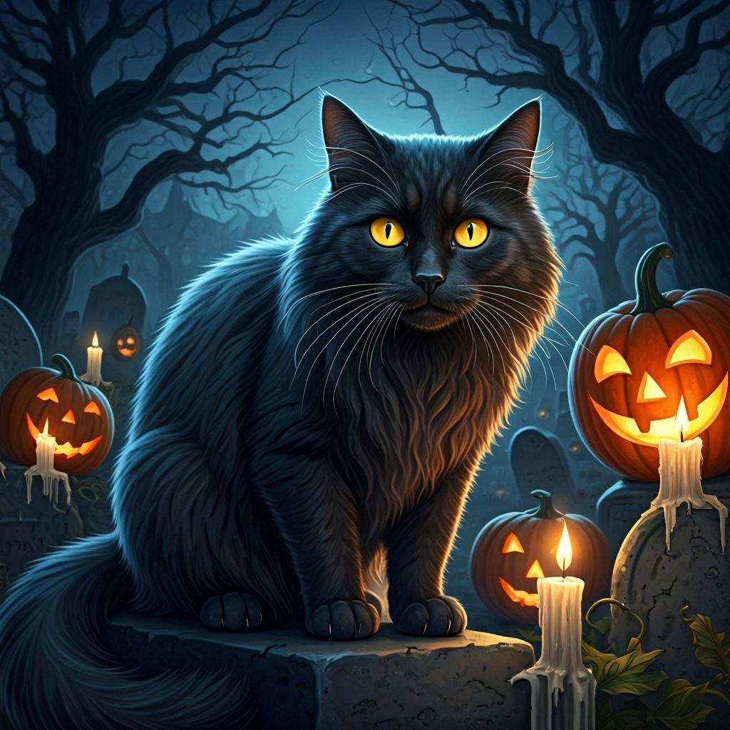 Mysterious Black Cat in Gothic Moonlit Graveyard