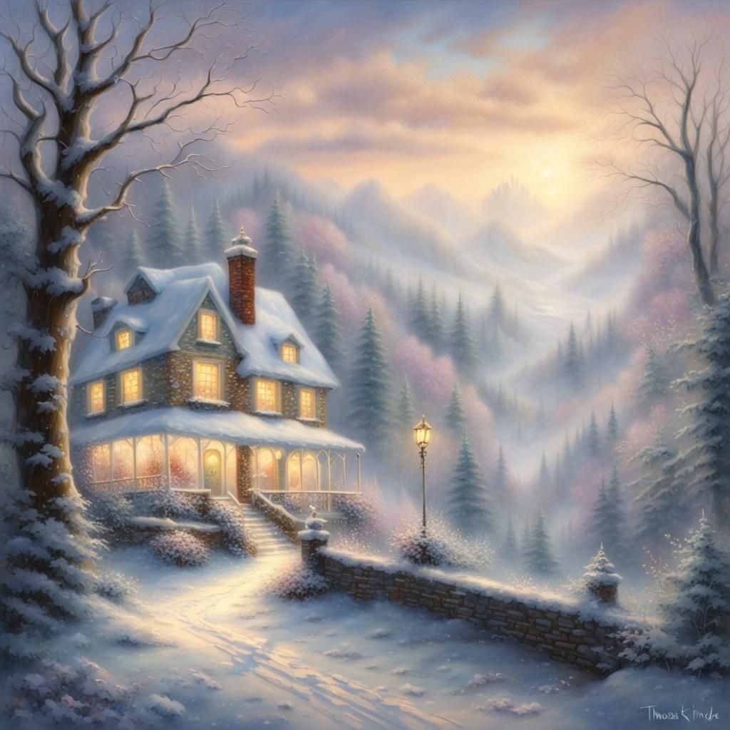 Ethereal Snowflake in Snowy Landscape: Kinkade Style