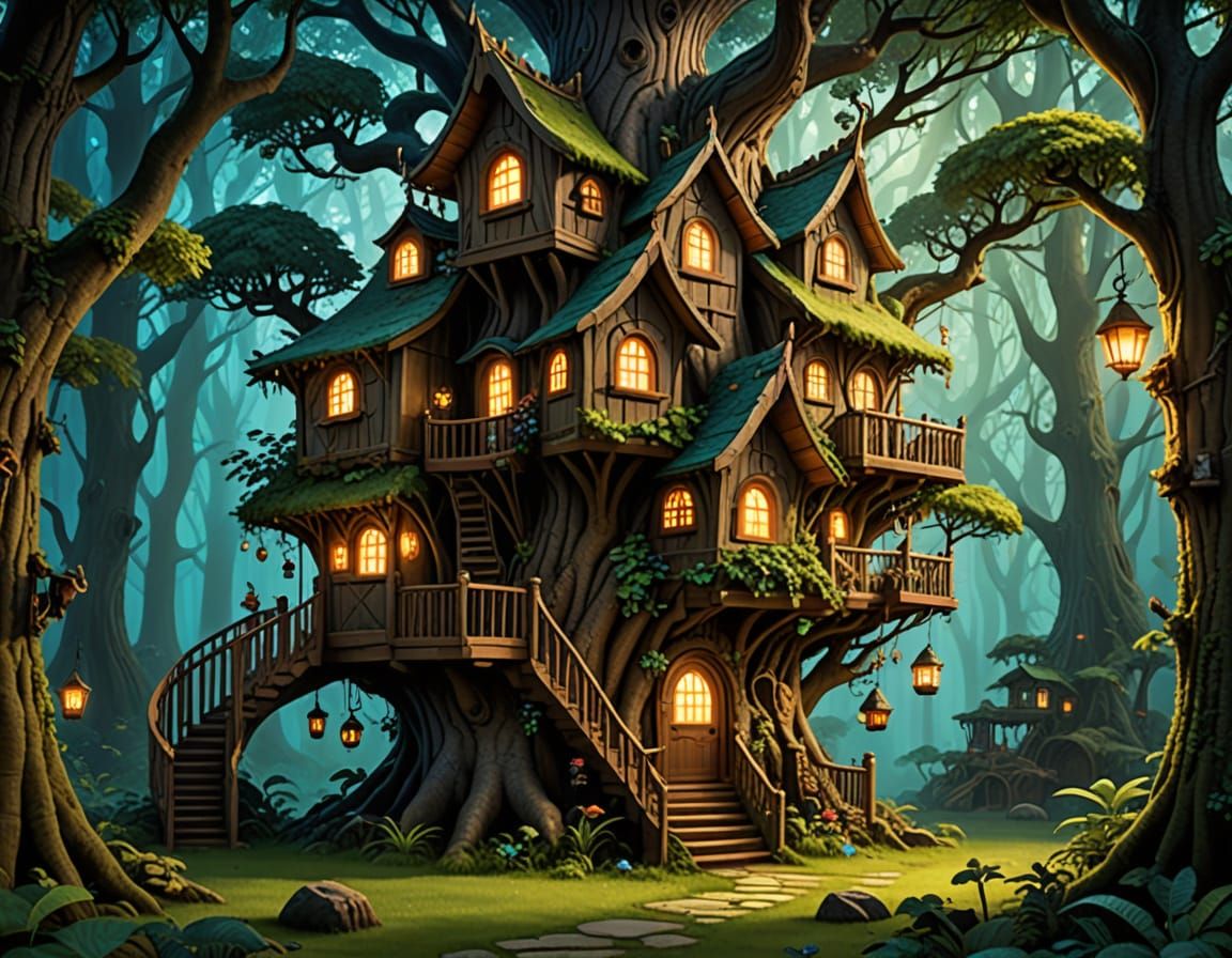 Whimsical Elf Treehouse in an Enchanted Forest