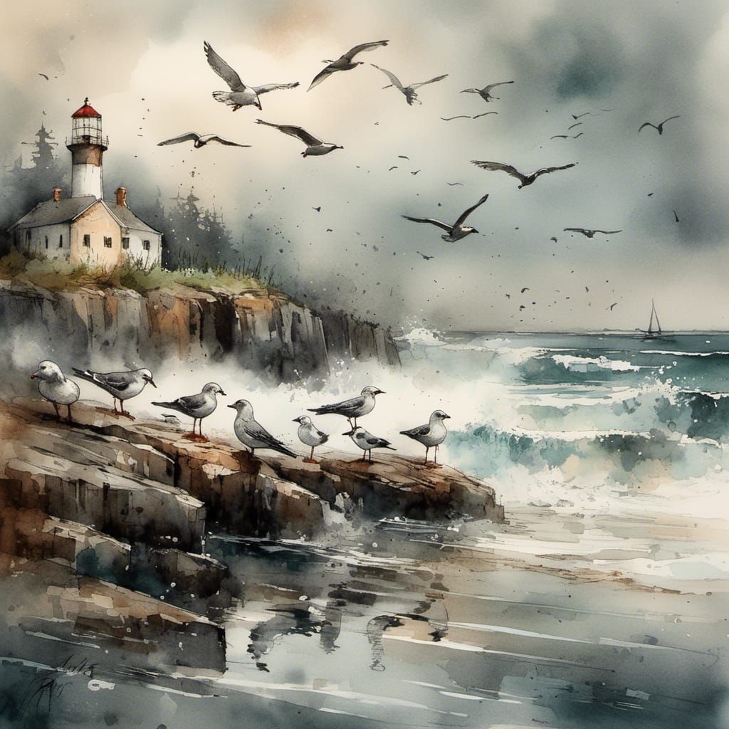 Seagulls in Coastal Watercolor Style