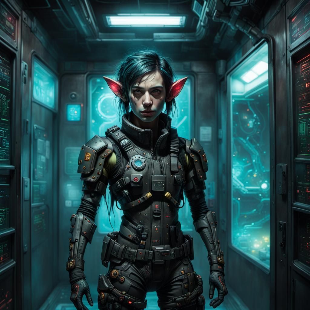 Cyberpunk Elf Warrior in Sterile Cubicle: Digital Portrait