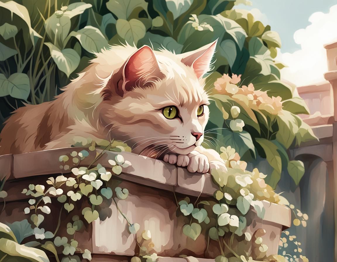 Cat in Balcony Planter, Watercolor Concept Art