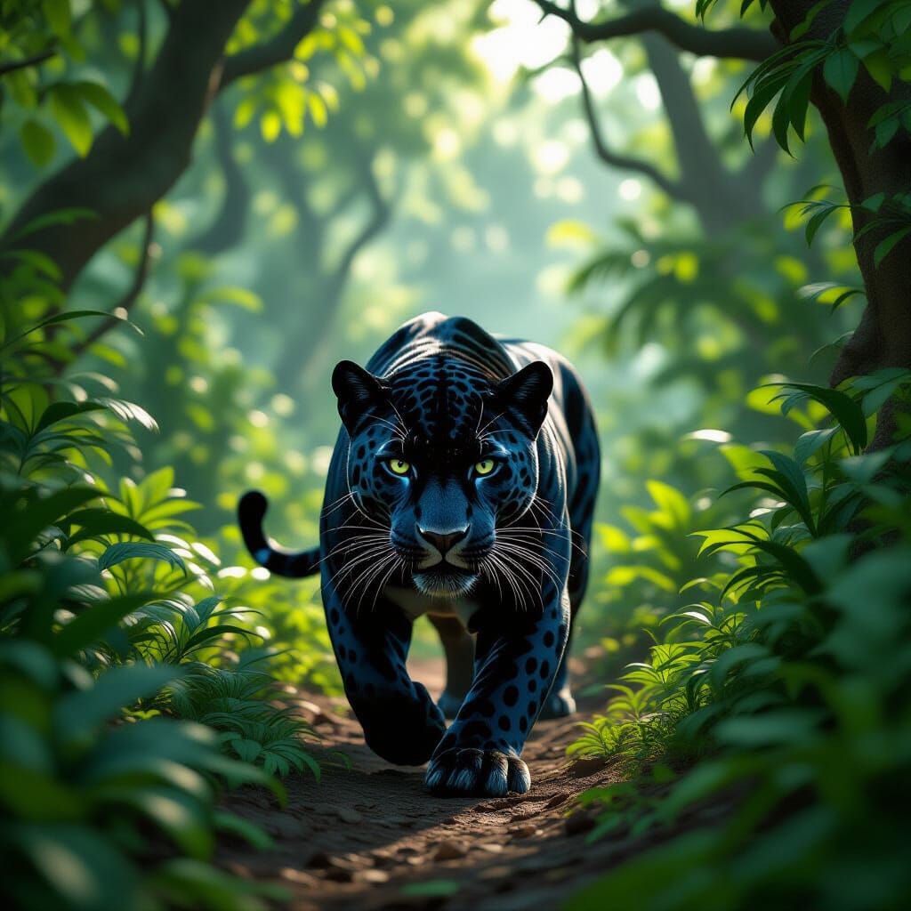 Majestic Black Jaguar in Lush Forest, 3D Render