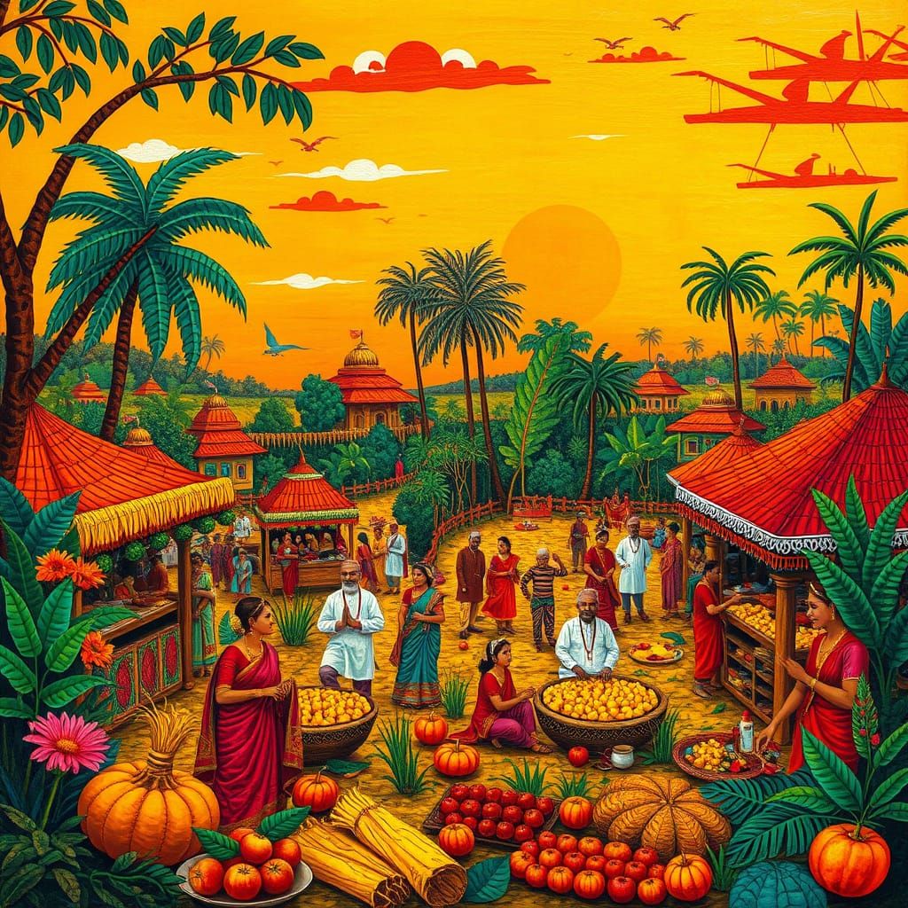 Vibrant Indian Harvest Festival Scene in Golden Sunset