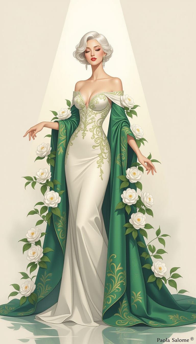 Ethereal Woman in Emerald Gown, in Delicate Fine Art Style
