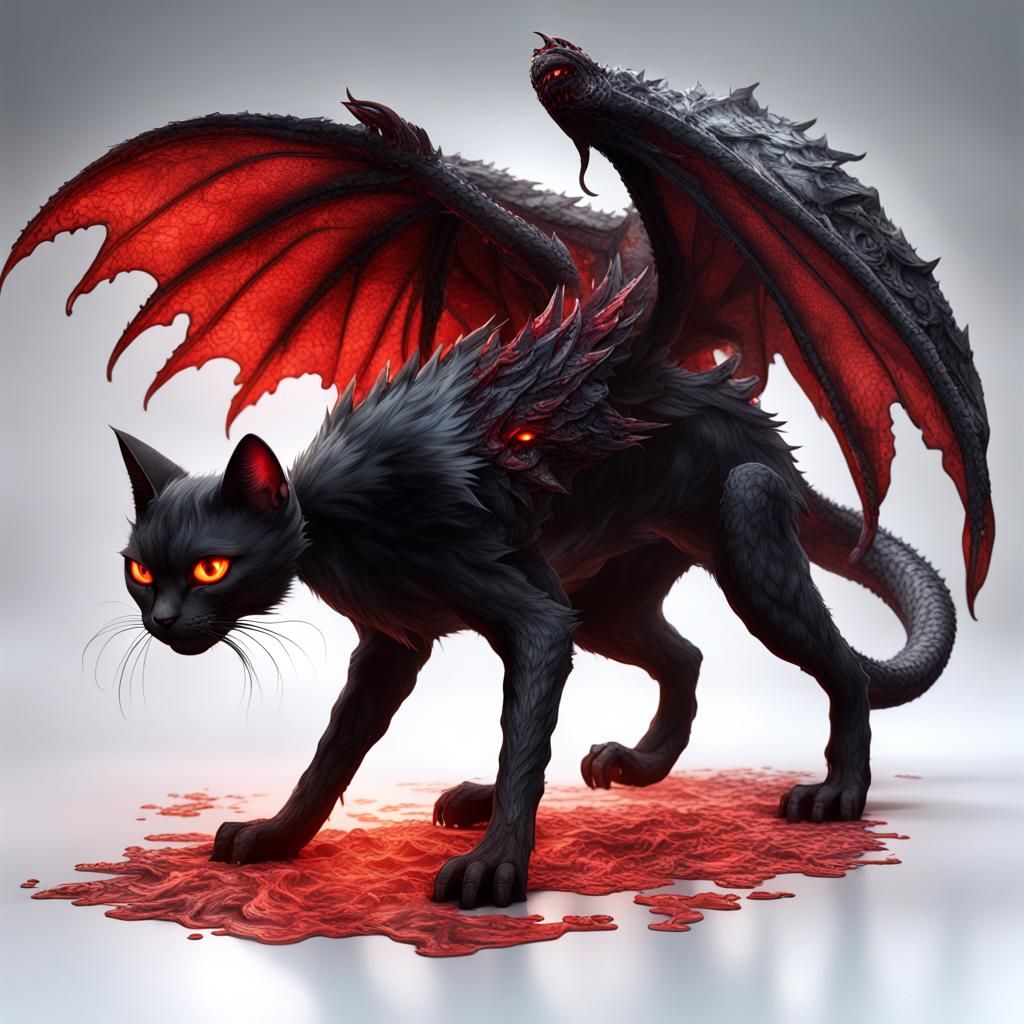 Dragon-winged Black Cat in Hell: Fantasy Concept Art