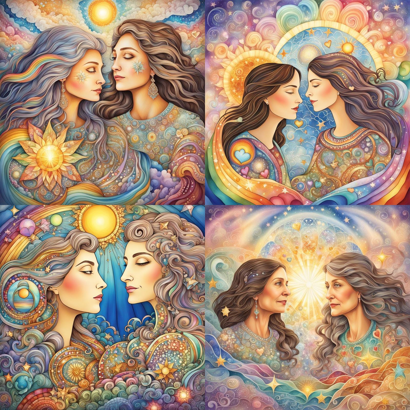 Two Women with Rainbows, Crystals, and Golden Auras