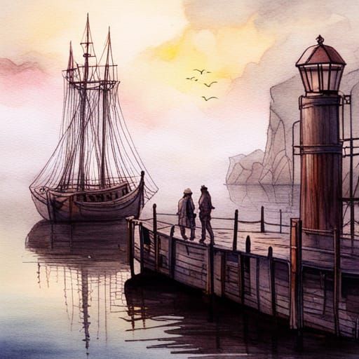 Foggy Port Scene in Pop Art Watercolor Style