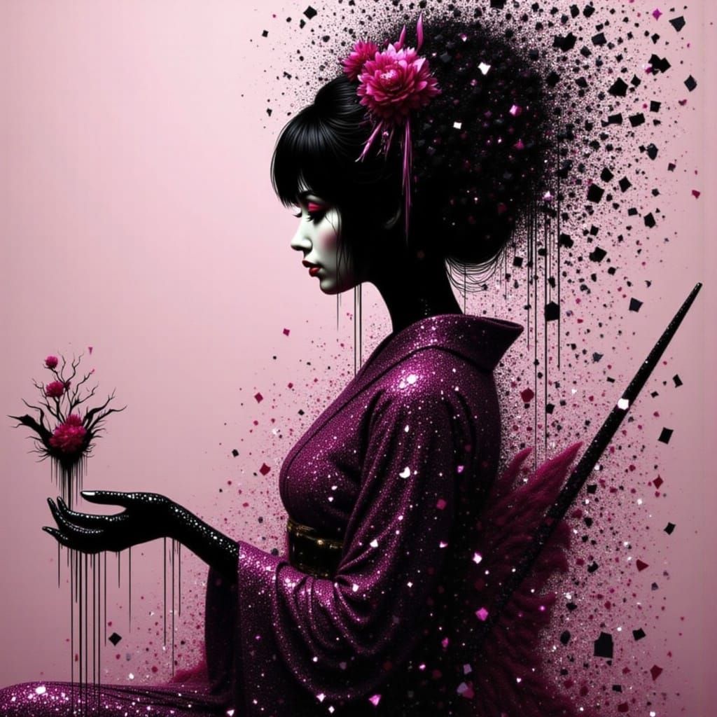 Geisha Silhouette Exploding Into Pieces