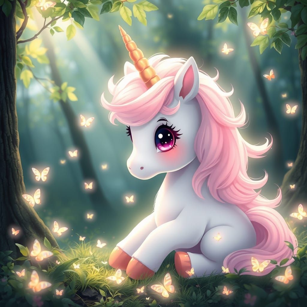 Baby Unicorn in Enchanted Forest: Kawaii Digital Art
