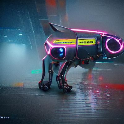 Cyberpunk Robot Puppy in Neon Cityscape