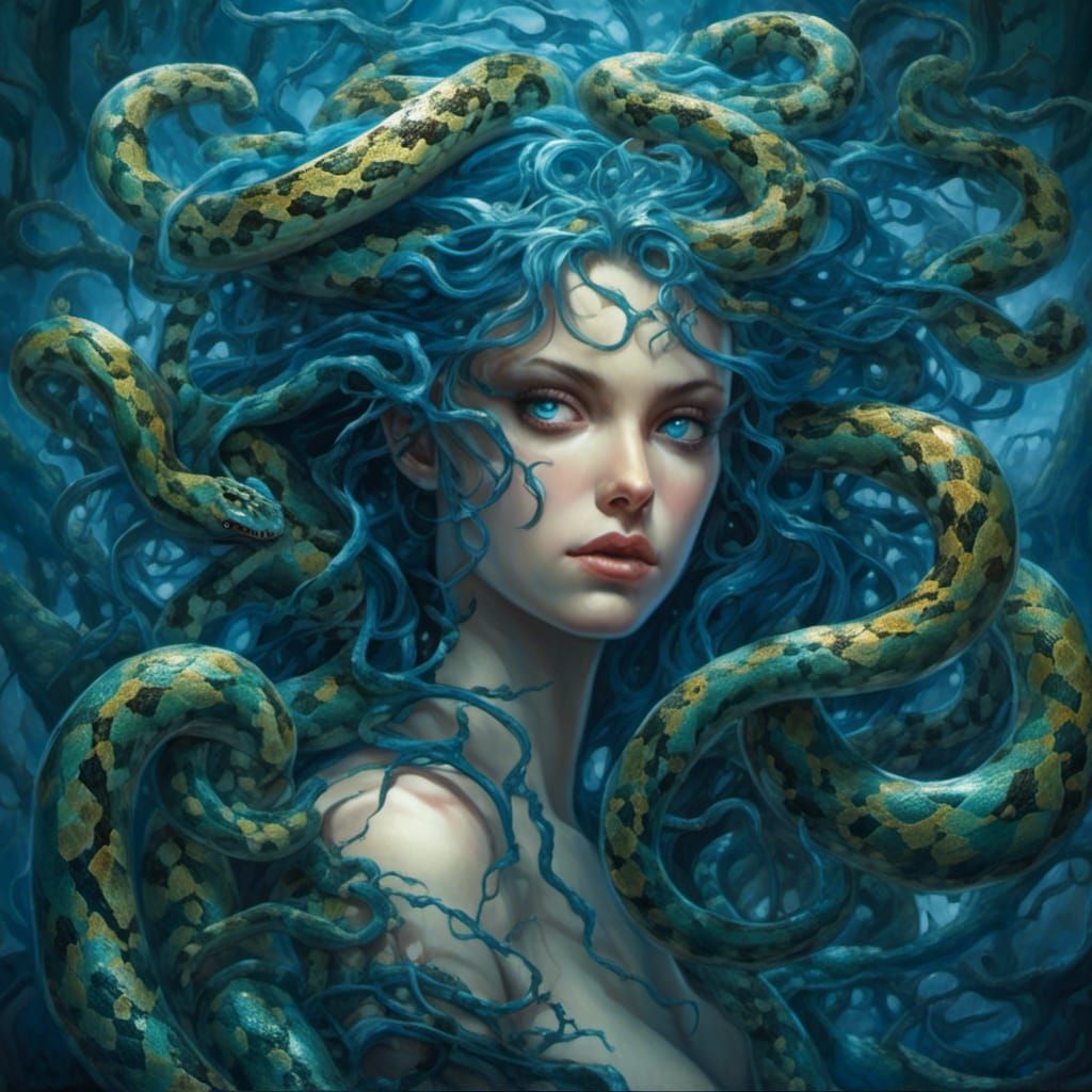 Hyperrealistic Medusa with Snakes and Blue Eyes