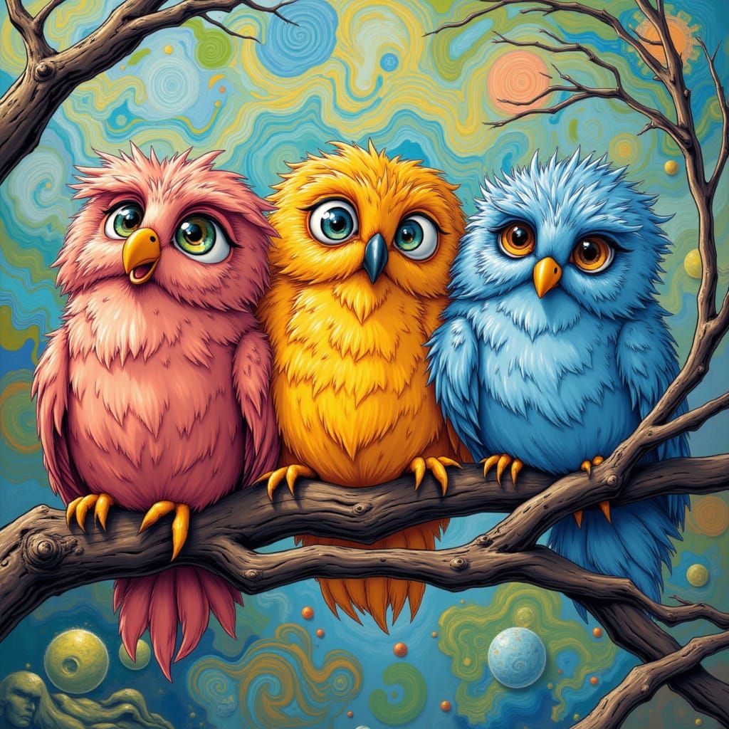 Colorful Fluffy Owls on Branch in Renaissance Style